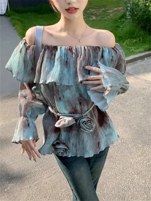 Girlary Blue Retro Blouses Daily Tie-Dying Ruffles Autumn Chic Loose Slash Neck Slim Office Lady Full Sleeve Ruffles