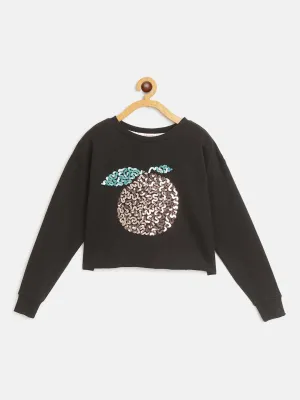 Girls Black Orange Embroidered Crop Sweatshirt