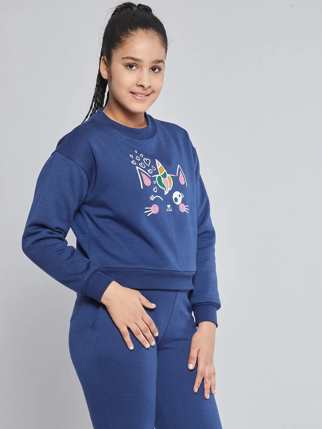 Girls Blue Fleece Glitter Print Sweatshirt