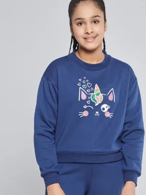 Girls Blue Fleece Glitter Print Sweatshirt