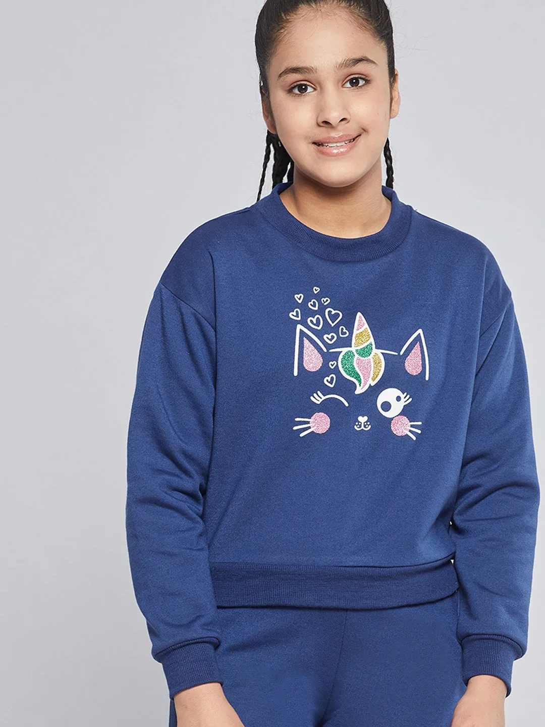 Girls Blue Fleece Glitter Print Sweatshirt