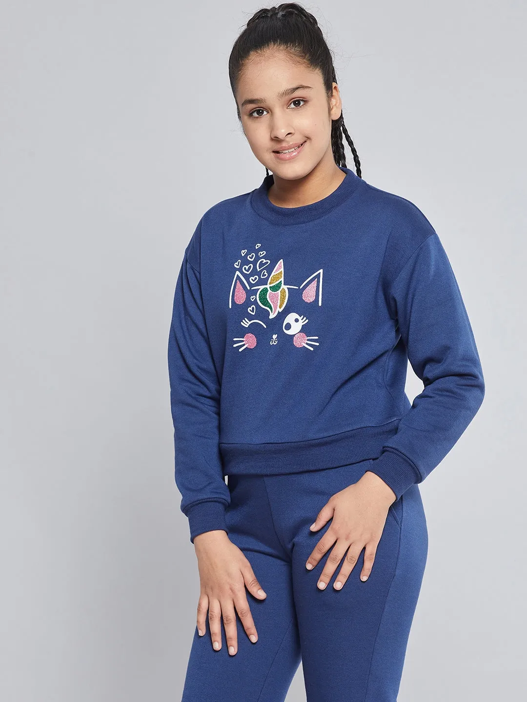 Girls Blue Fleece Glitter Print Sweatshirt