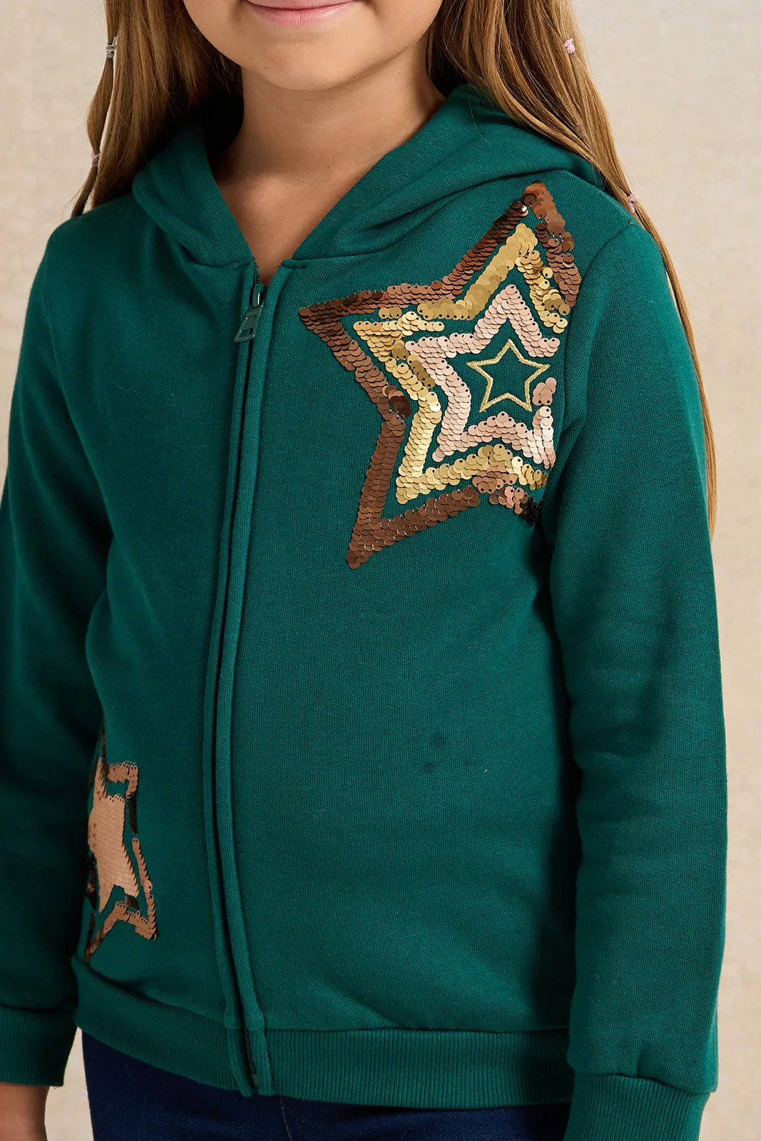 Girls Green Star Sequins Hooded Sweatshirt