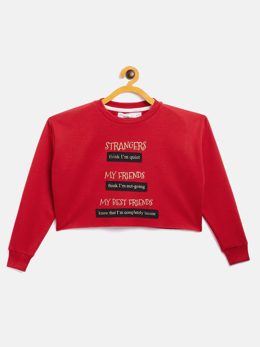 Girls Red Terry Strangers Quote Crop Sweatshirt