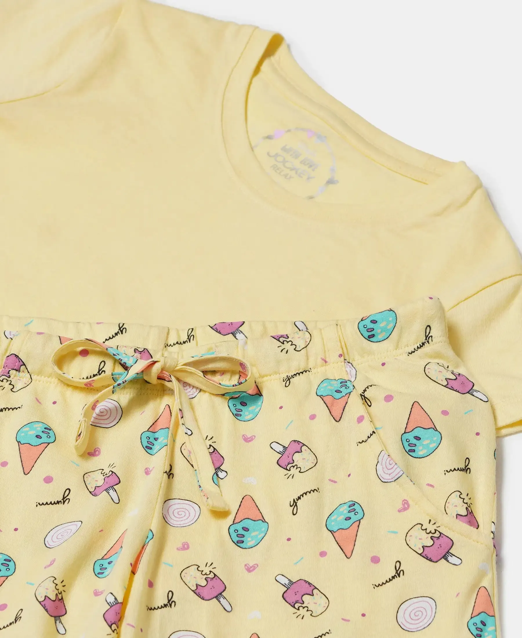 Girl's Super Combed Cotton Short Sleeve T-Shirt and Printed Pyjama Set - Pale Banana