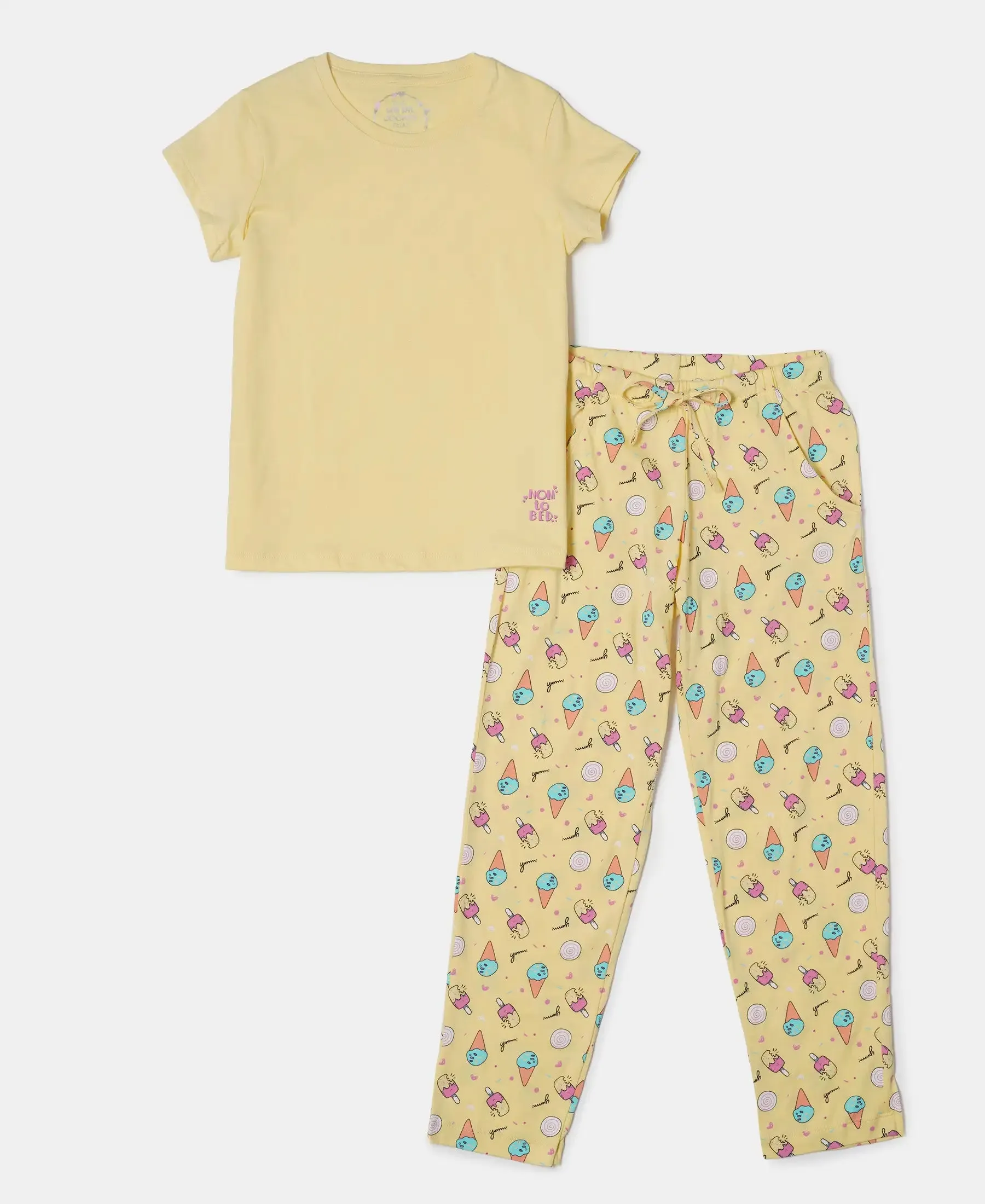 Girl's Super Combed Cotton Short Sleeve T-Shirt and Printed Pyjama Set - Pale Banana