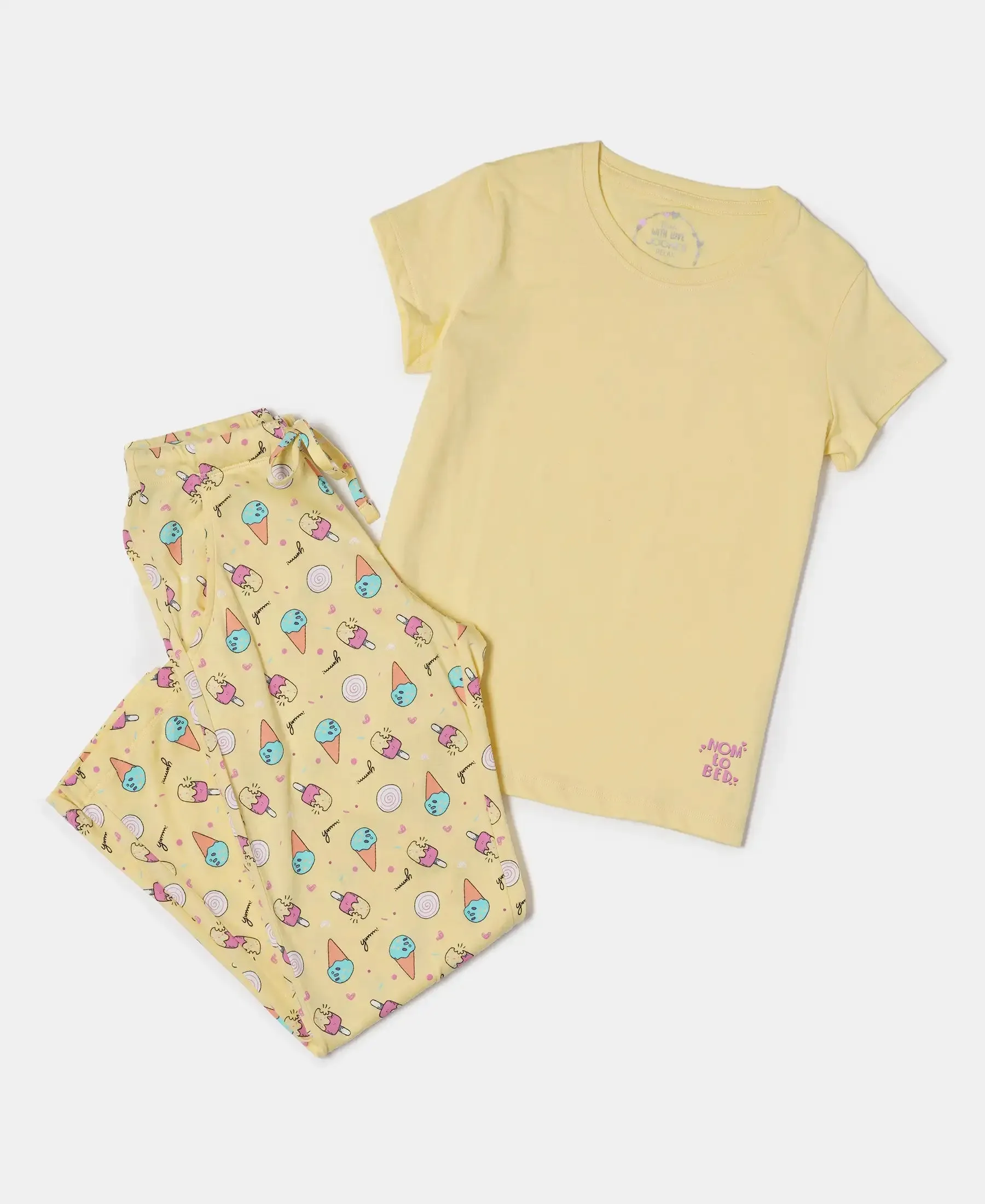 Girl's Super Combed Cotton Short Sleeve T-Shirt and Printed Pyjama Set - Pale Banana