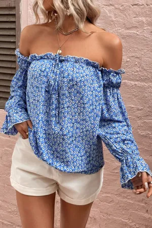 Honey Off Shoulder Printed Frill Trim Blouse