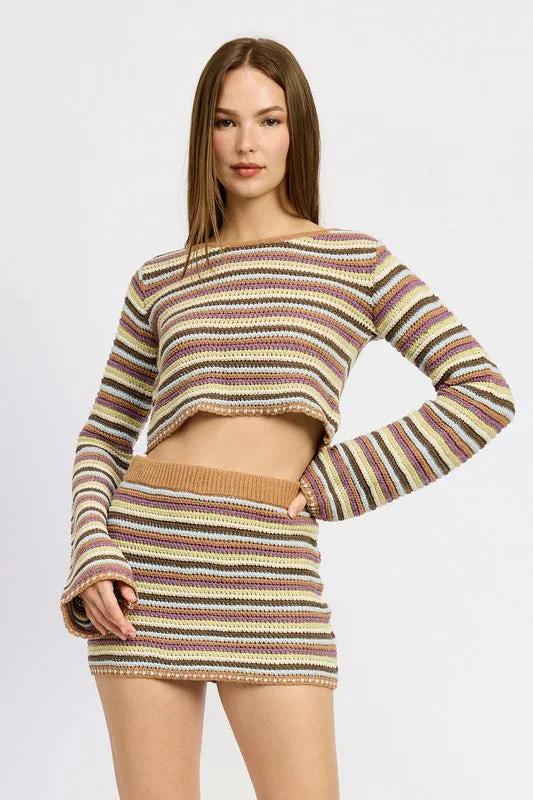 Hot Girl Desert Daze Striped Crochet Long Sleeve Crop Top