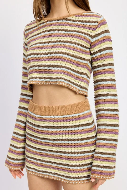 Hot Girl Desert Daze Striped Crochet Long Sleeve Crop Top