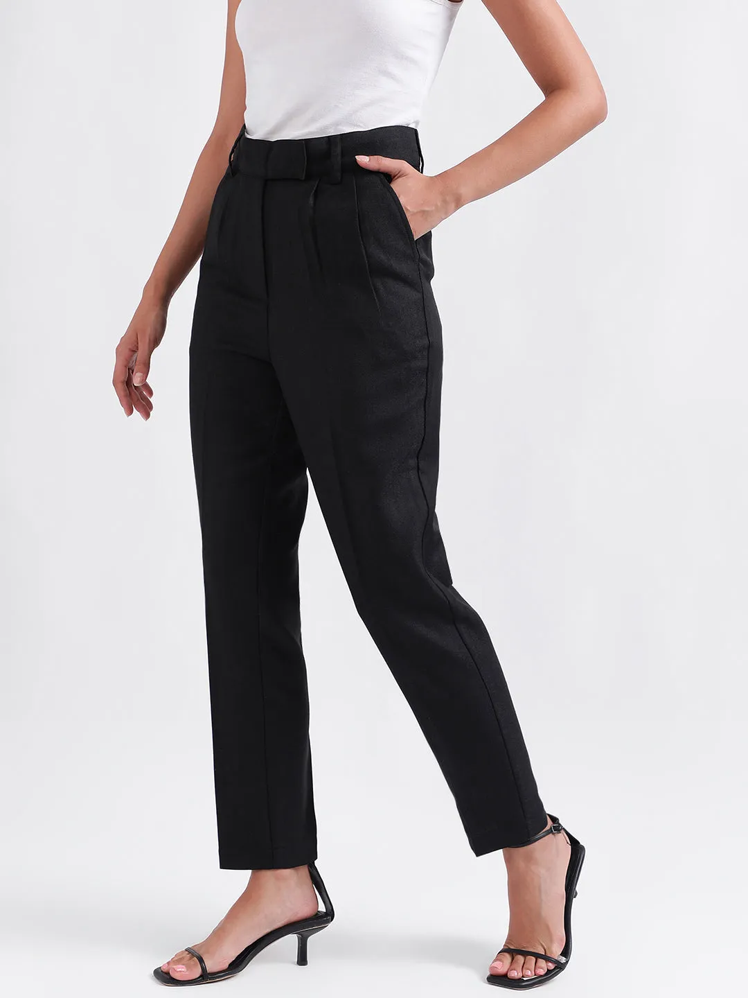 Iconic Women Black Solid Regular Fit Trouser