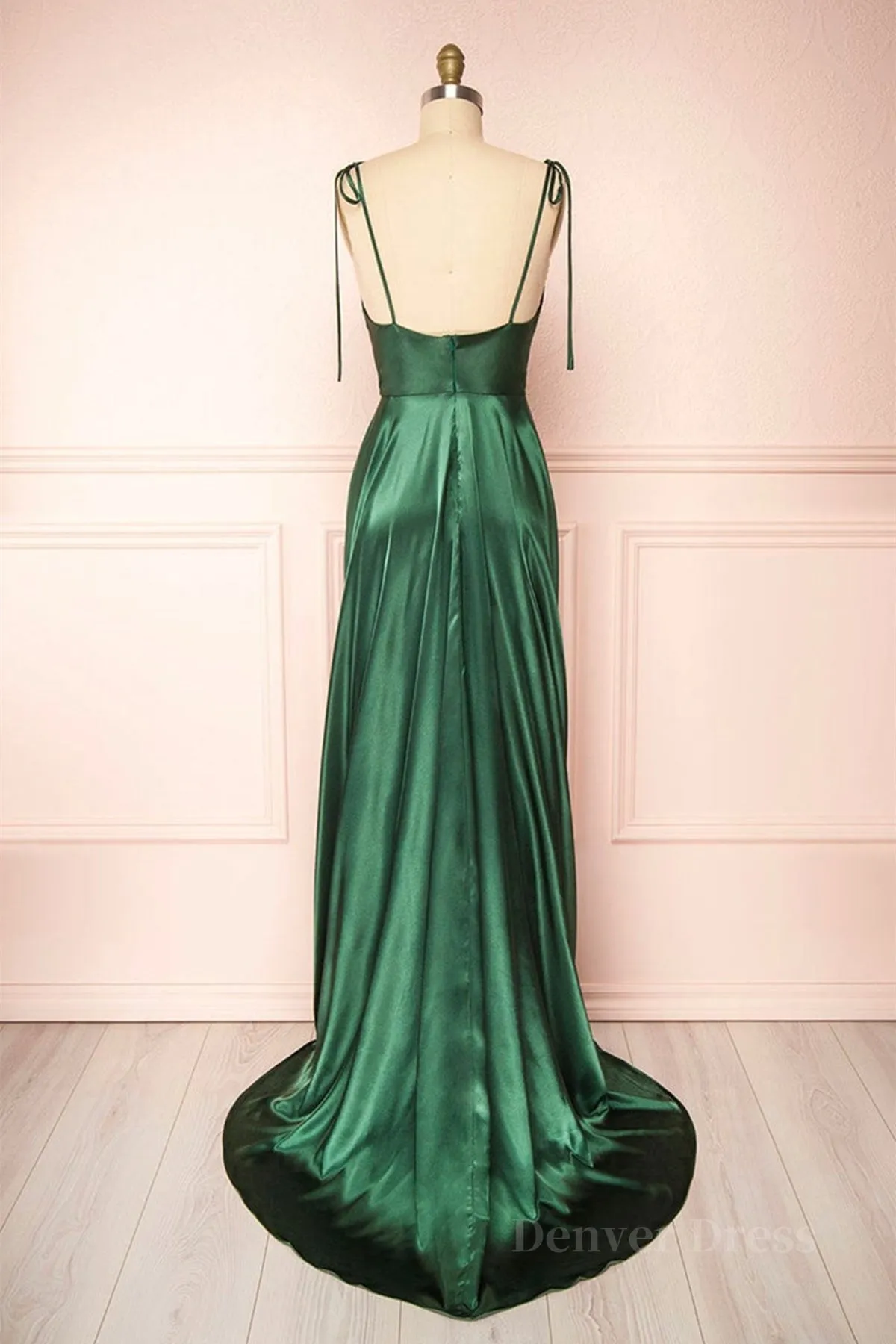 kamahe Elegant Backless Green Satin Long Prom Dresses, Backless Green Formal Graduation Evening Dress