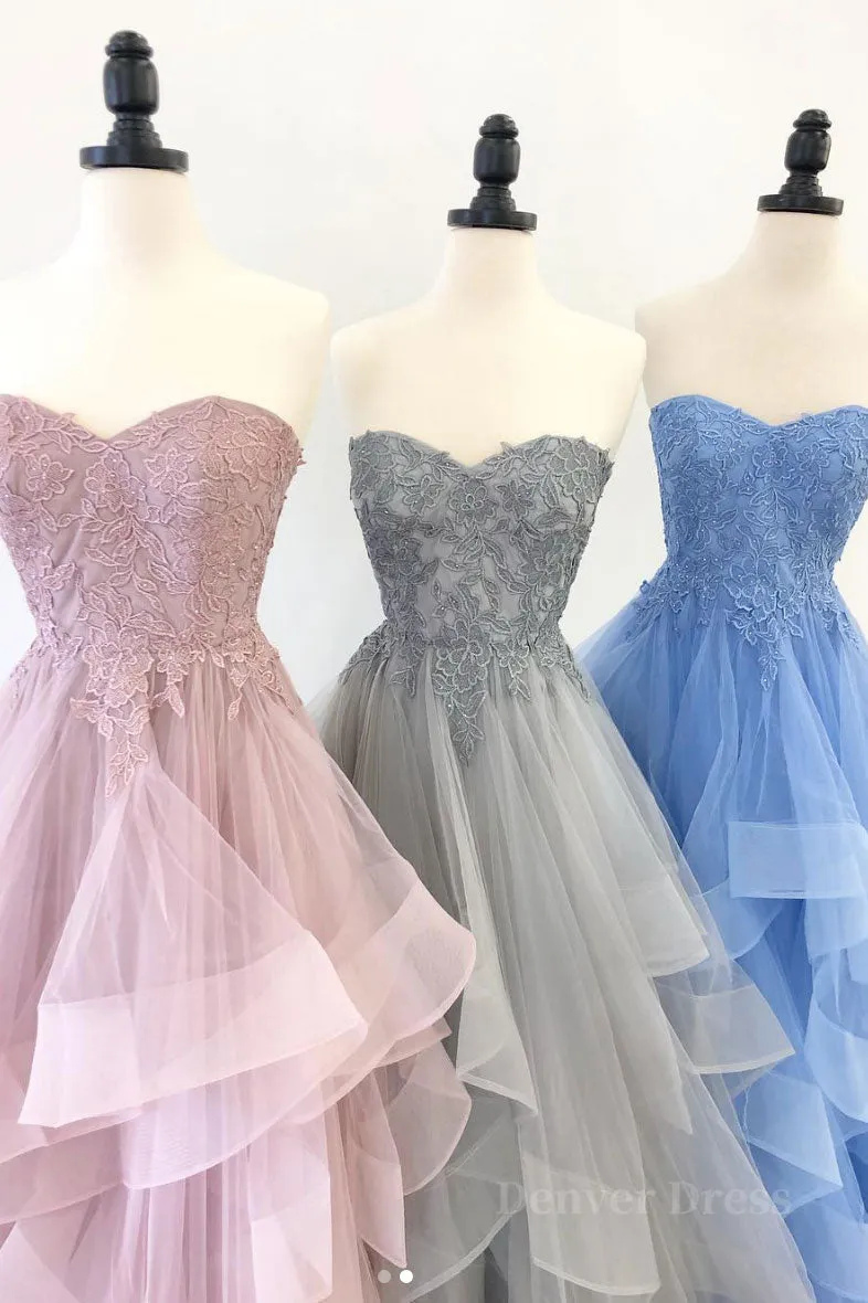 kamahe Elegant sweetheart tulle lace long prom dress tulle formal dress