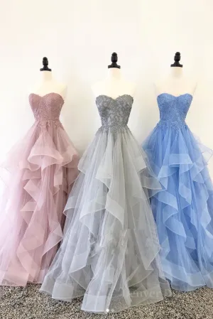 kamahe Elegant sweetheart tulle lace long prom dress tulle formal dress