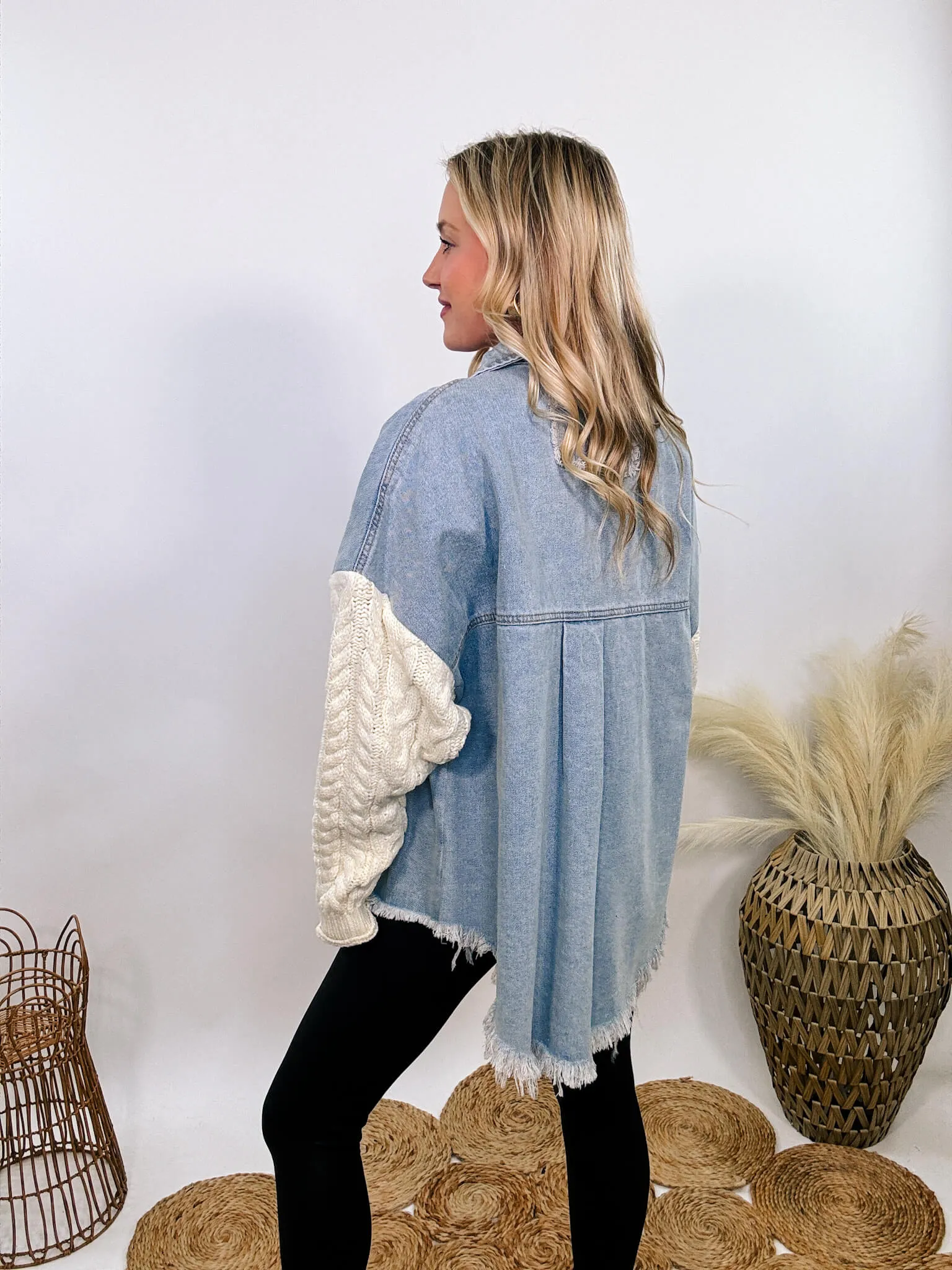 Light Denim Jacket with Cream Sweater Sleeves by POL