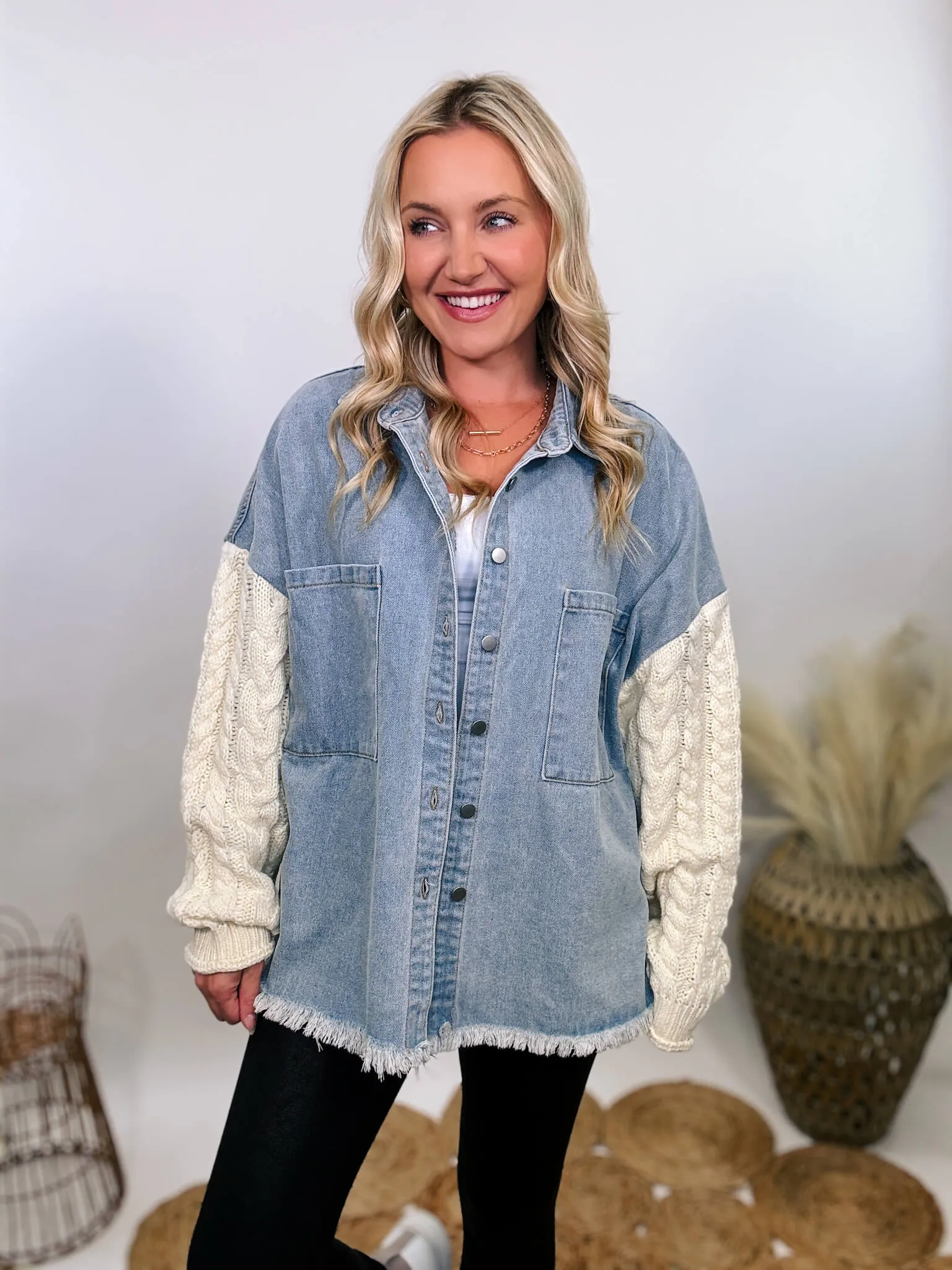 Light Denim Jacket with Cream Sweater Sleeves by POL