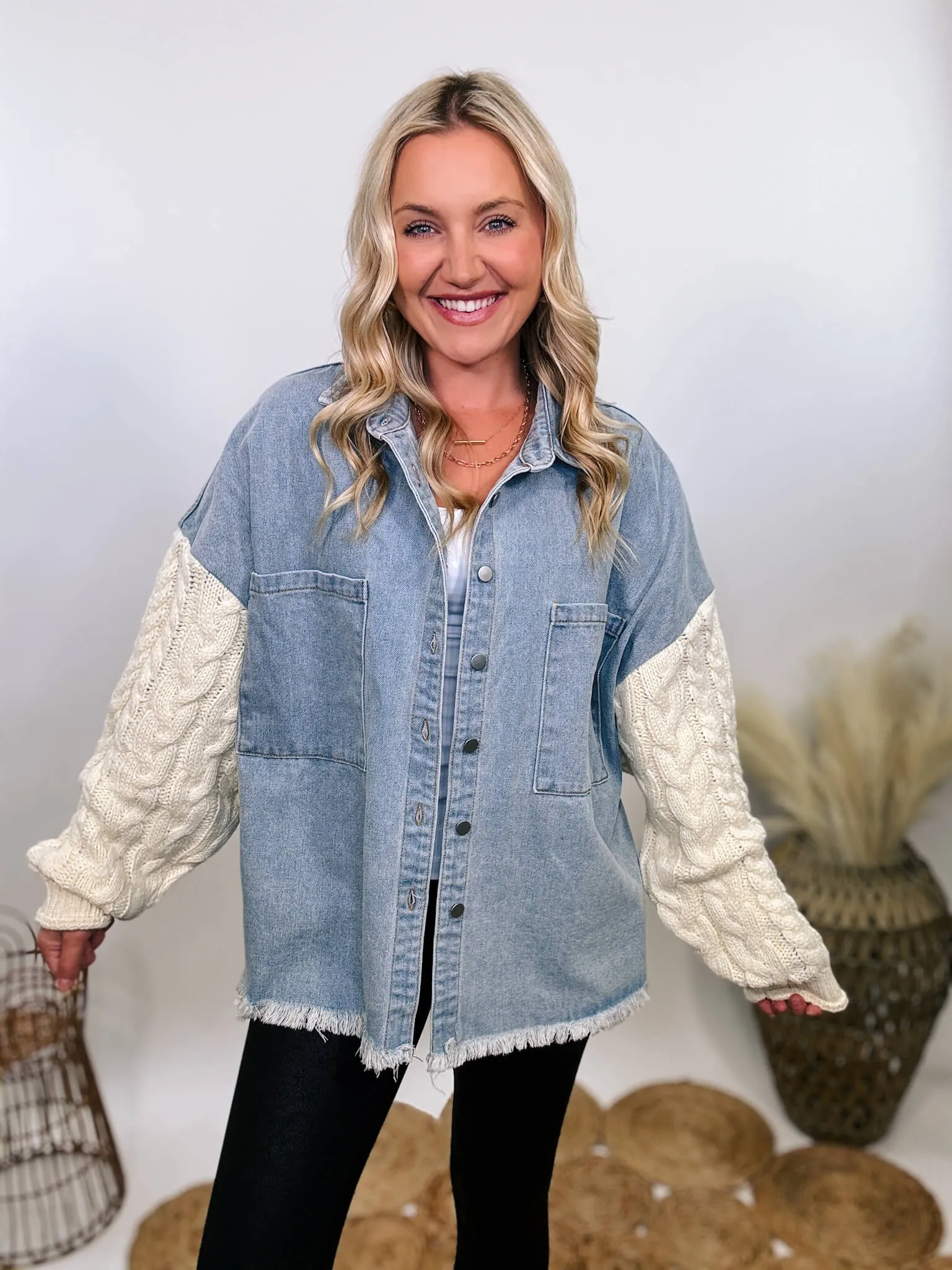 Light Denim Jacket with Cream Sweater Sleeves by POL