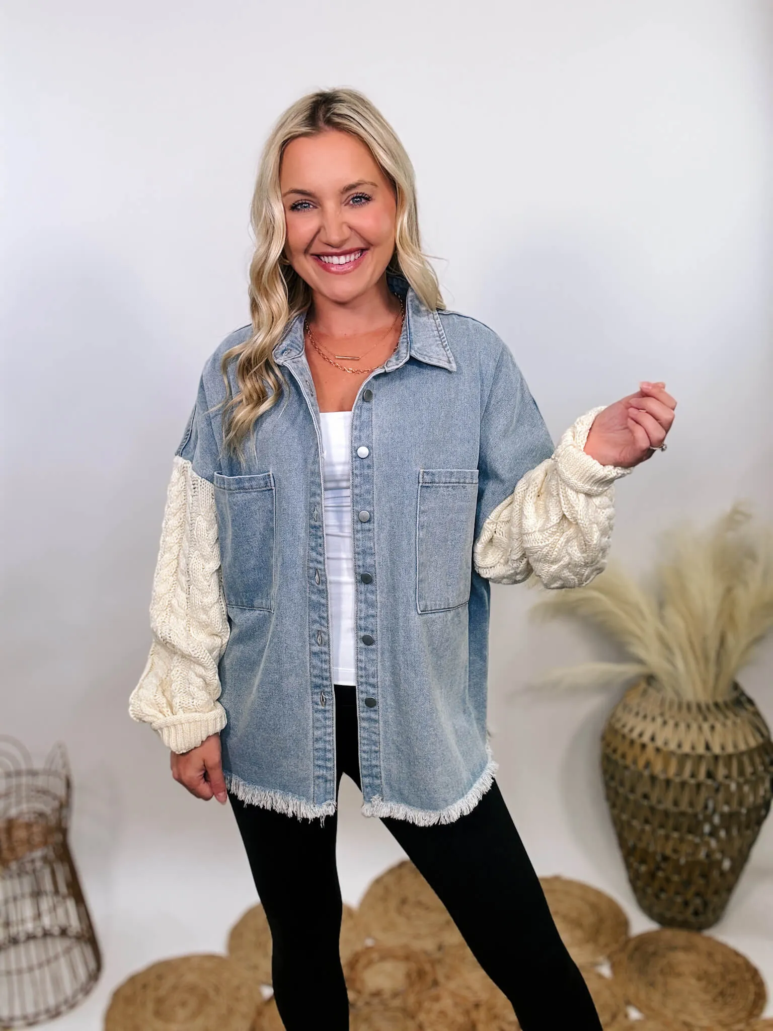 Light Denim Jacket with Cream Sweater Sleeves by POL