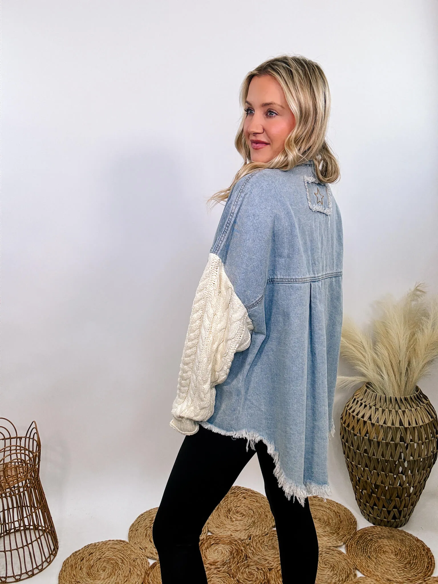 Light Denim Jacket with Cream Sweater Sleeves by POL