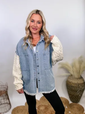 Light Denim Jacket with Cream Sweater Sleeves by POL