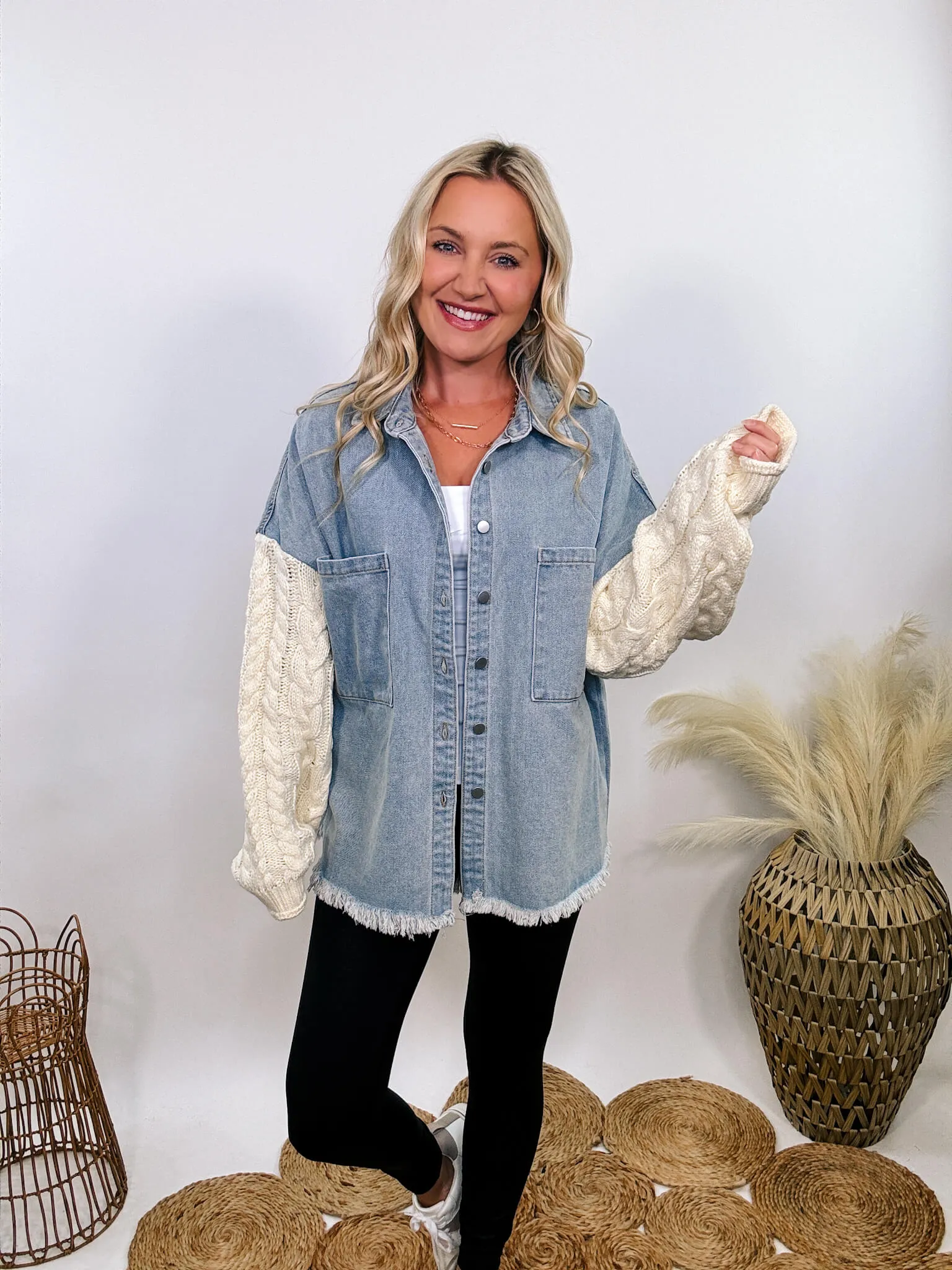 Light Denim Jacket with Cream Sweater Sleeves by POL