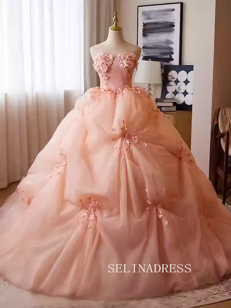 Lovely Pink Strapless Ball Gown Princess Dress Elegant Applique Flower Formal Dress JKL2589