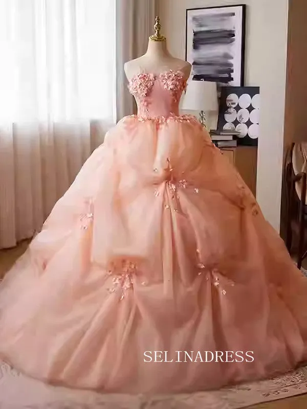 Lovely Pink Strapless Ball Gown Princess Dress Elegant Applique Flower Formal Dress JKL2589