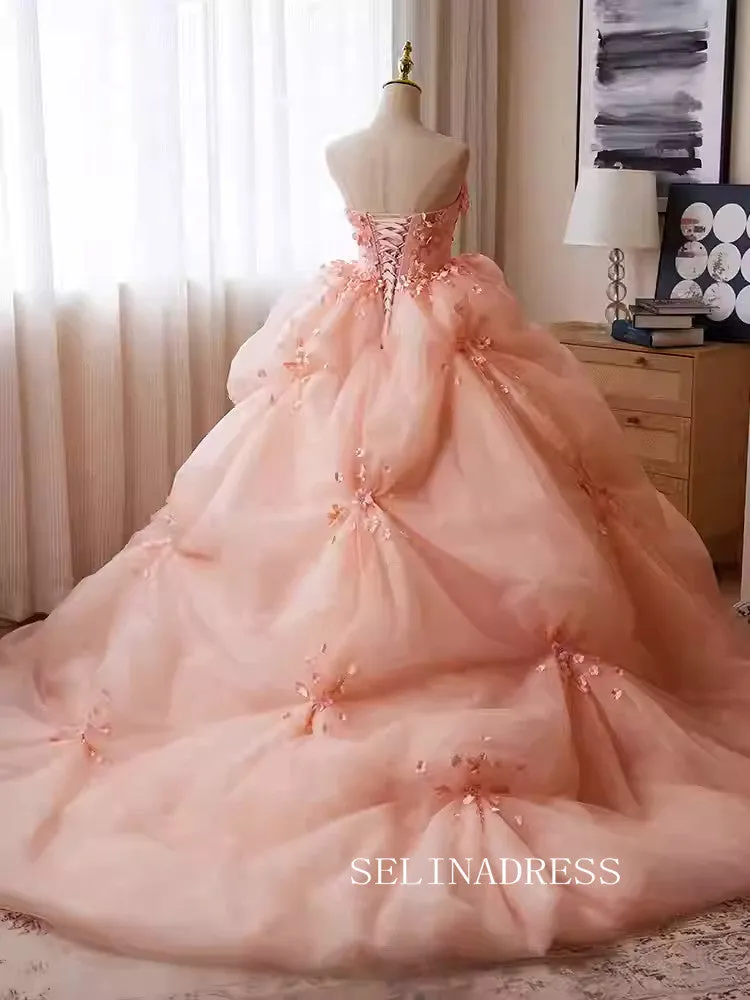 Lovely Pink Strapless Ball Gown Princess Dress Elegant Applique Flower Formal Dress JKL2589