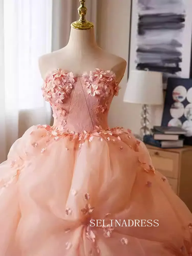 Lovely Pink Strapless Ball Gown Princess Dress Elegant Applique Flower Formal Dress JKL2589