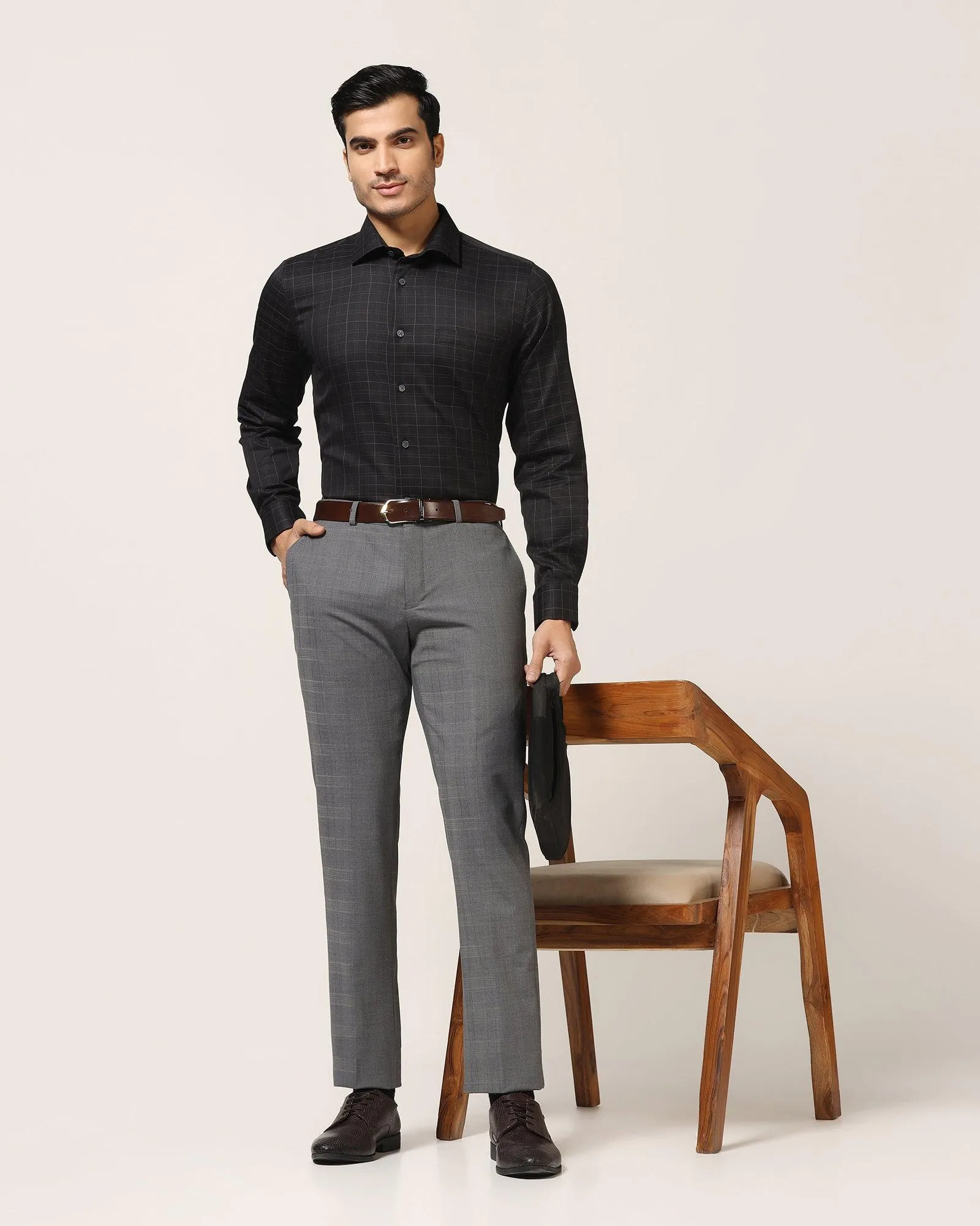 Luxe Slim Comfort B-95 Formal Grey Check Trouser - Porcupine