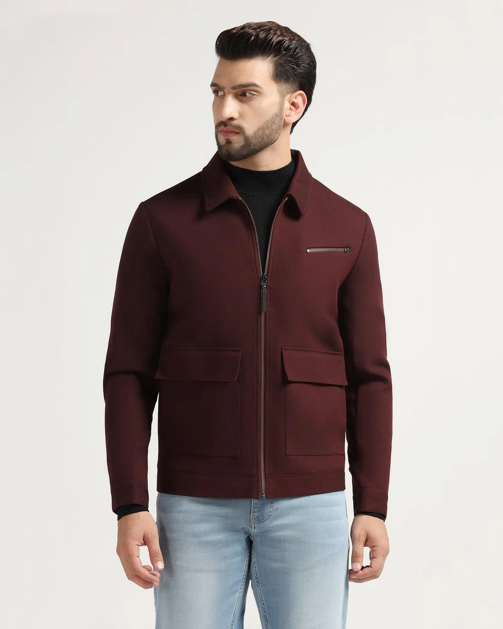 Maroon Textured Zipper Jacket - Kai