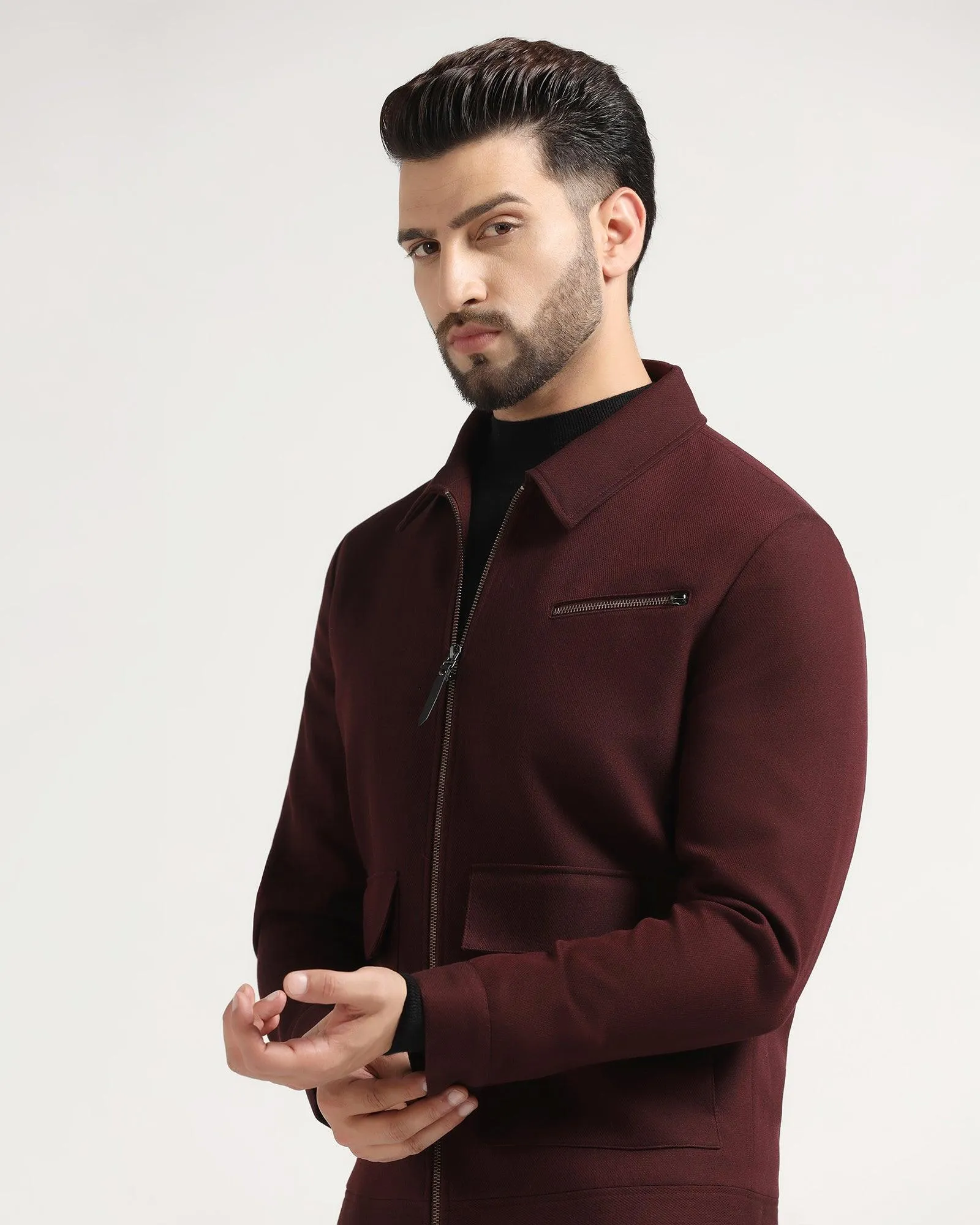 Maroon Textured Zipper Jacket - Kai