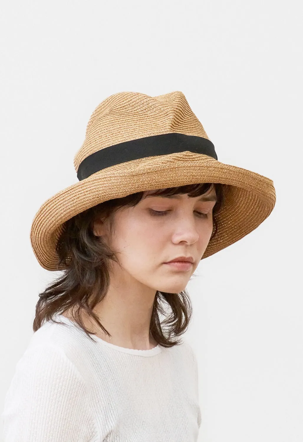 MATURE HA - Paper Abaca Long Brim Hat in Bronze Gold/Black