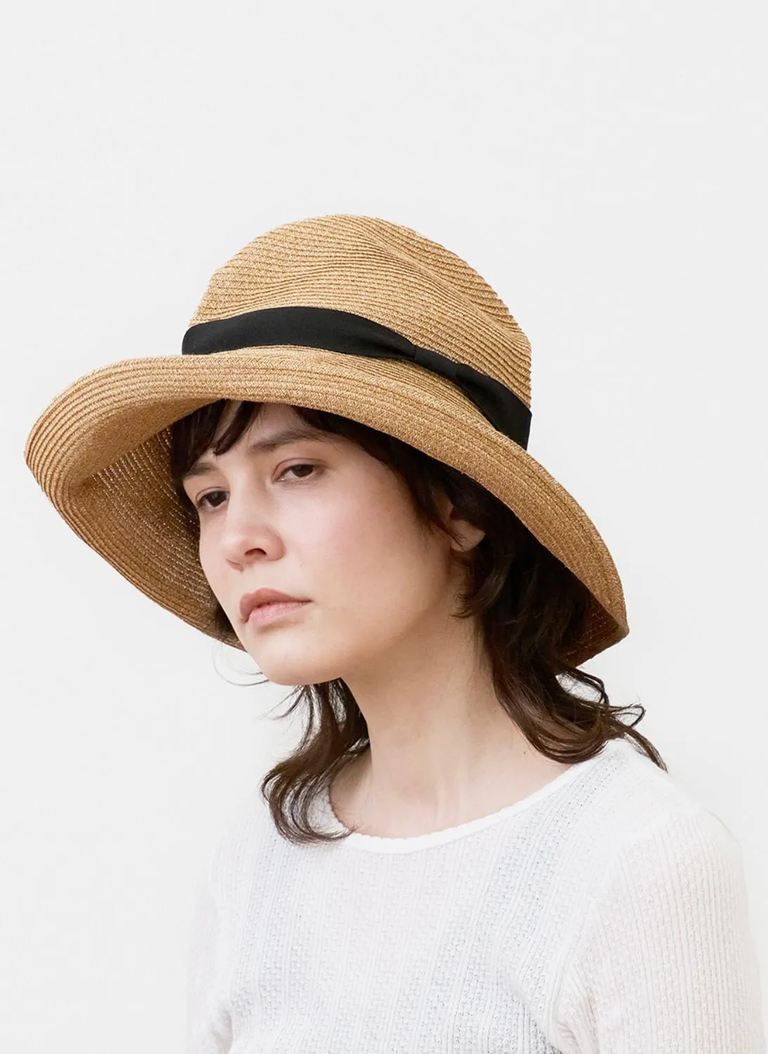 MATURE HA - Paper Abaca Long Brim Hat in Bronze Gold/Black