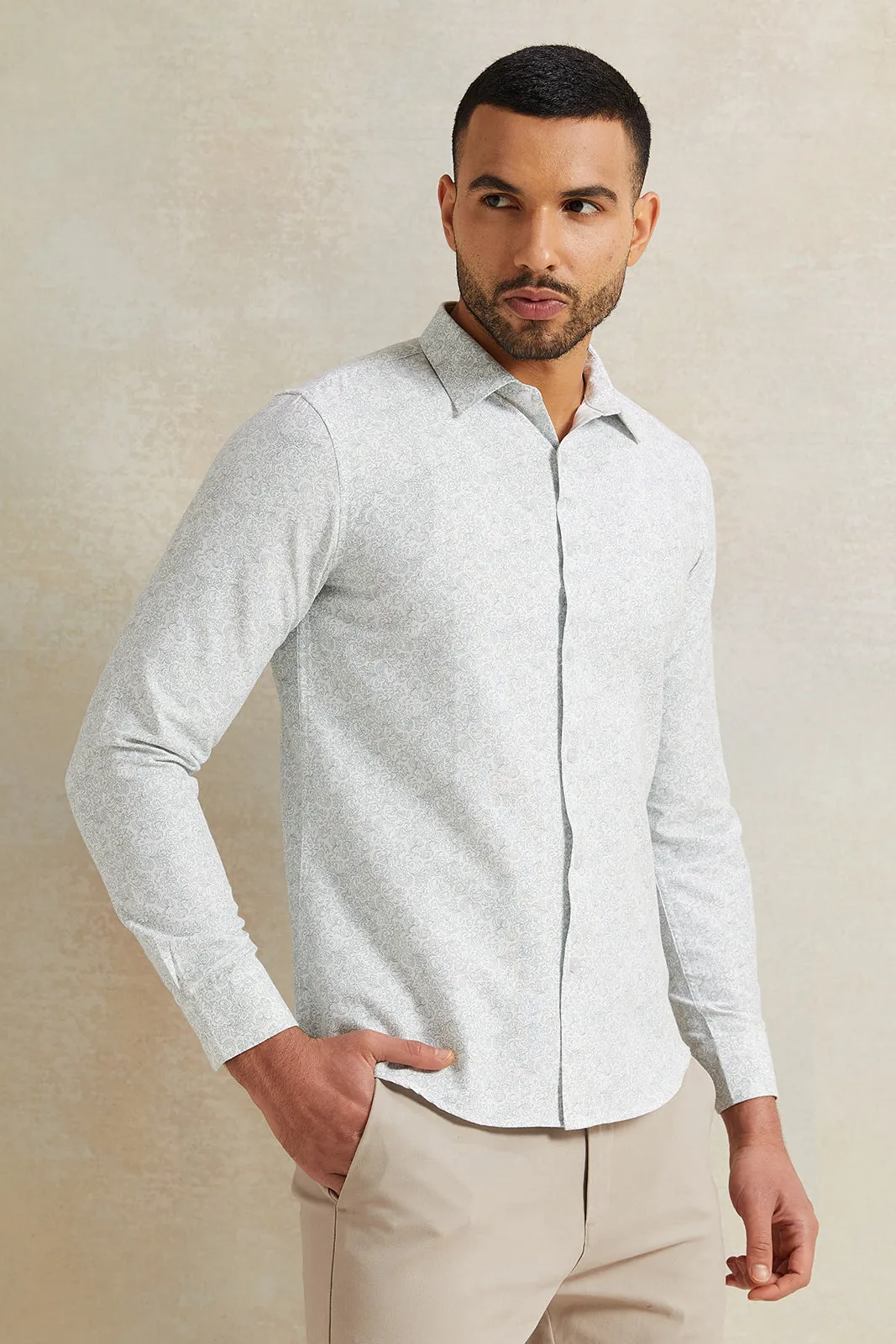 Men White Print Stand-Up Pack Shirt