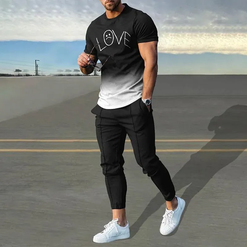 Men's 2 Pice 3D Printed Short Sleeve Tee and Sweatpants Sets 31156644YY