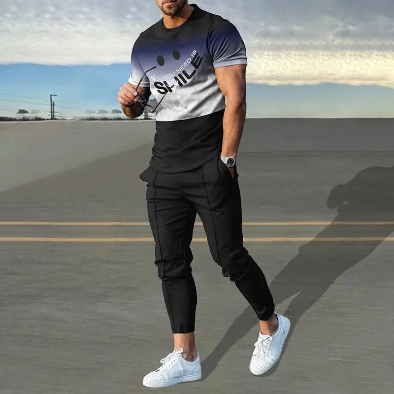 Men's 2 Pice 3D Printed Short Sleeve Tee and Sweatpants Sets 31156644YY