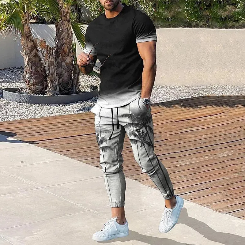 Men's 2 Pice 3D Printed Short Sleeve Tee and Sweatpants Sets 31156644YY