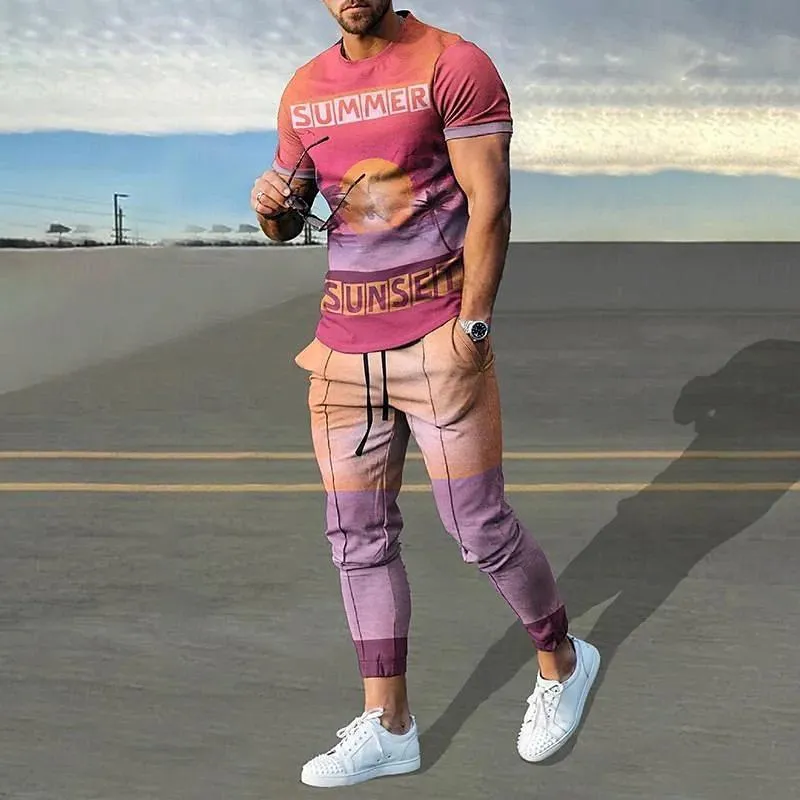 Men's 2 Pice 3D Printed Short Sleeve Tee and Sweatpants Sets 31156644YY