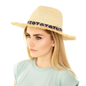 MH0038 Frayed Trim Aztec Banded Straw Hat