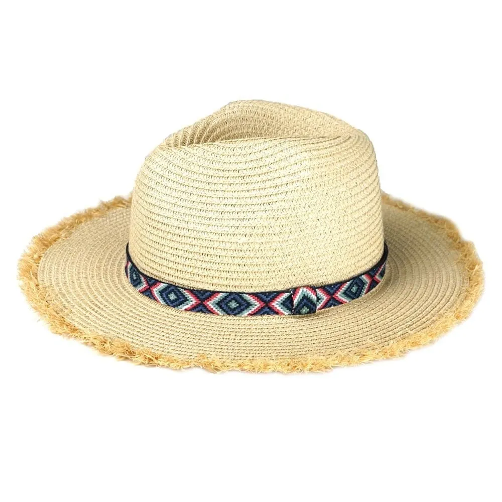 MH0038 Frayed Trim Aztec Banded Straw Hat