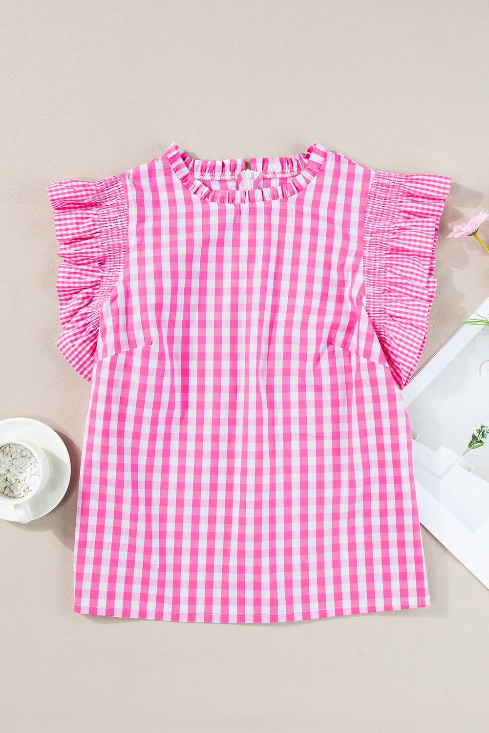 Pink Sassy Checkered Ruffled Blouse