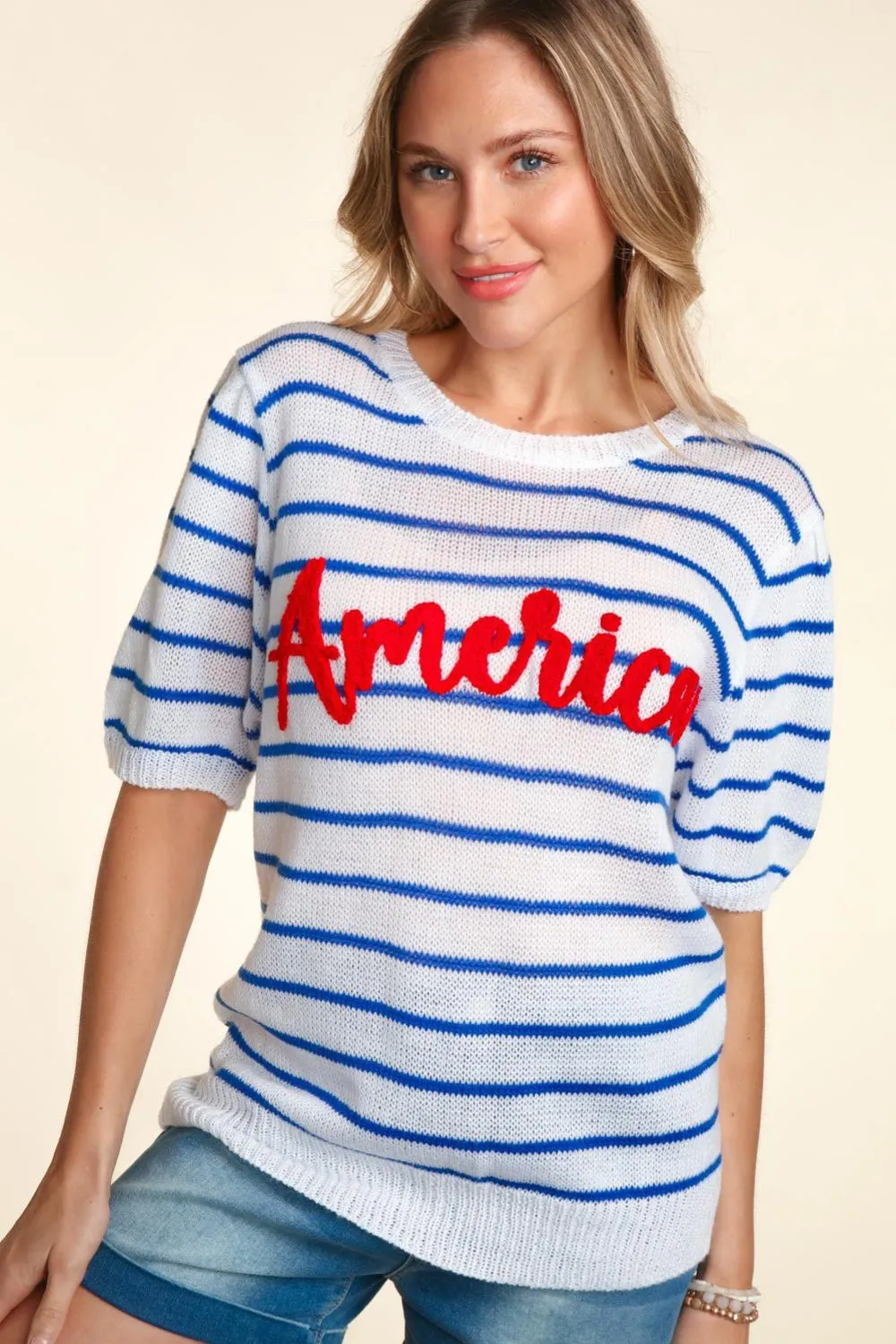 Red "American" Embroidery Striped Knit Blouse