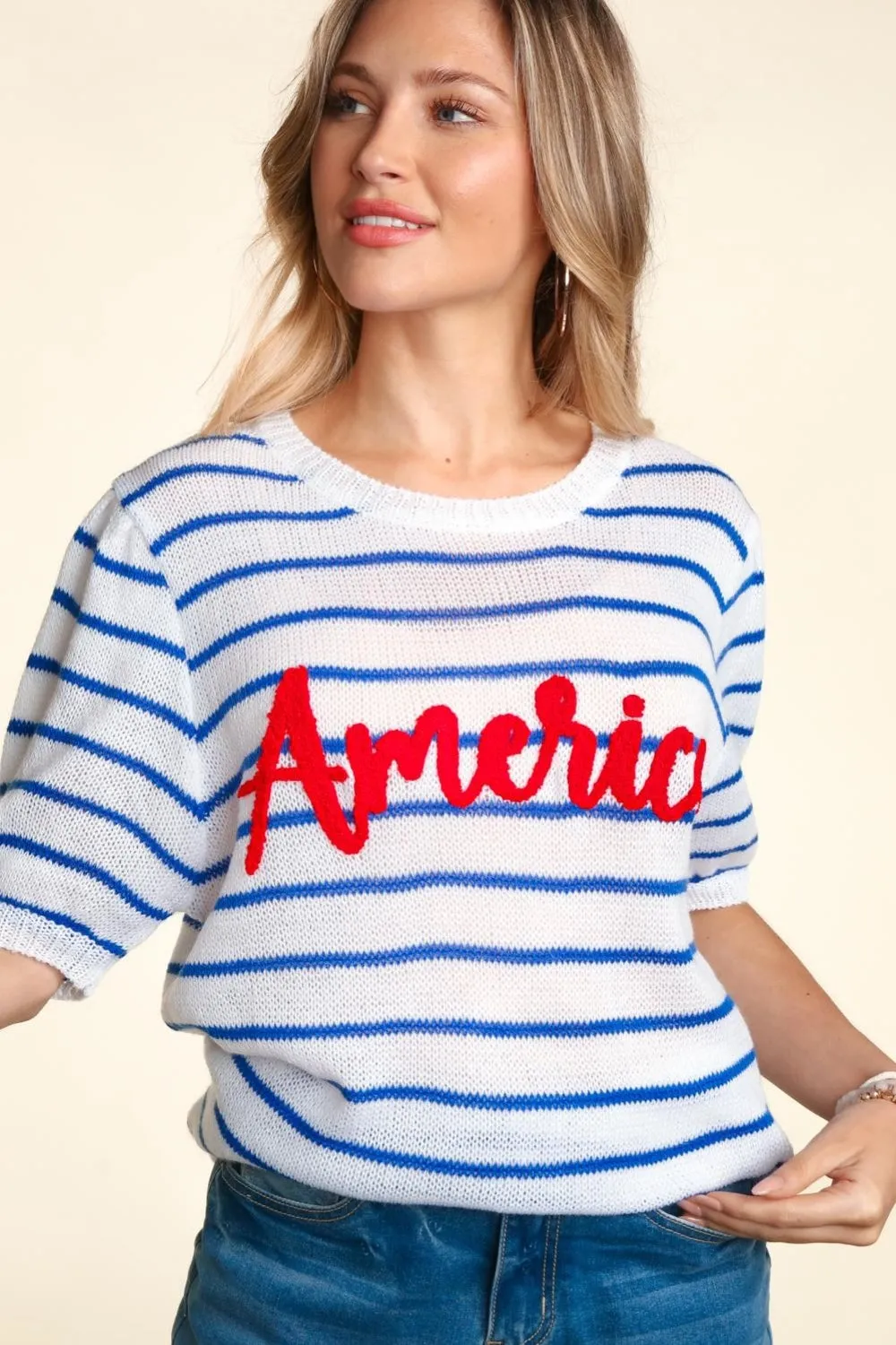 Red "American" Embroidery Striped Knit Blouse