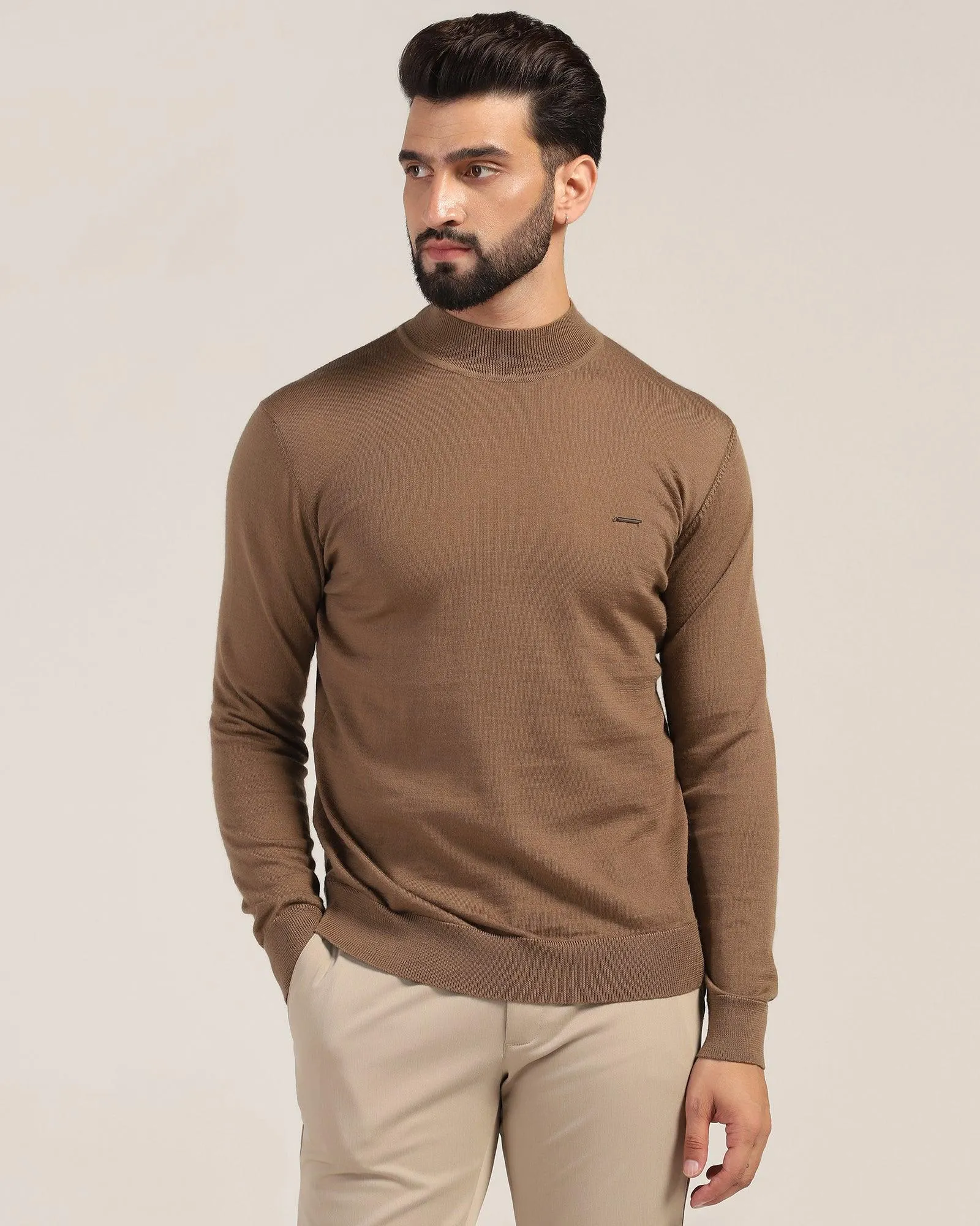 Round Neck Tobacco Brown Solid Sweater - Jester