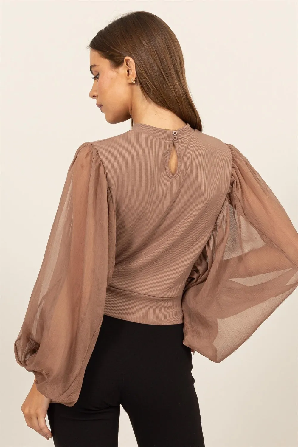 Ruched Sheer Long Sleeve Mock Neck Blouse