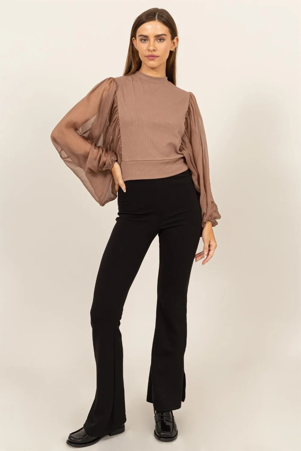 Ruched Sheer Long Sleeve Mock Neck Blouse