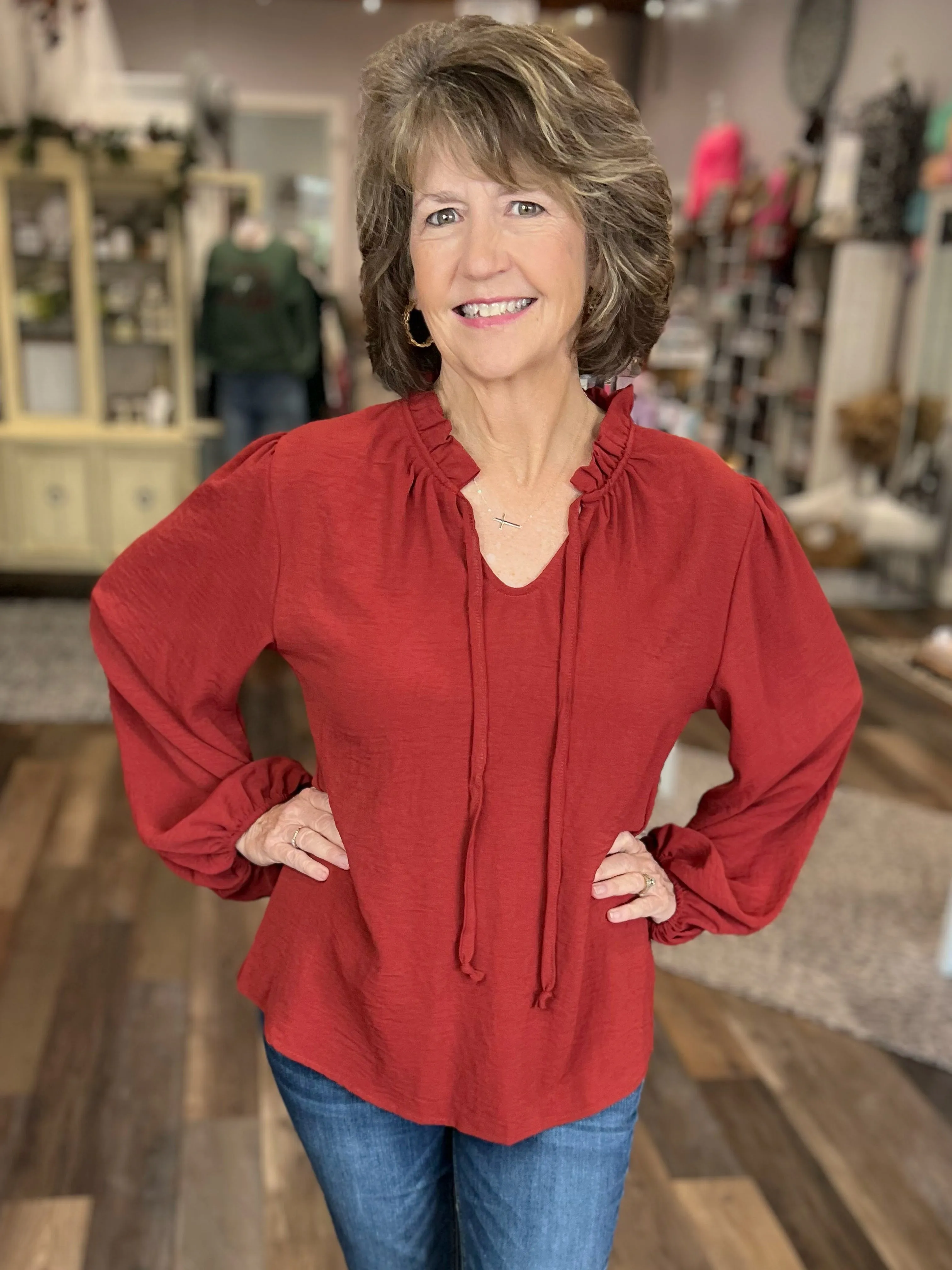 Ruffle Neck Blouse w/ Tie in Brick