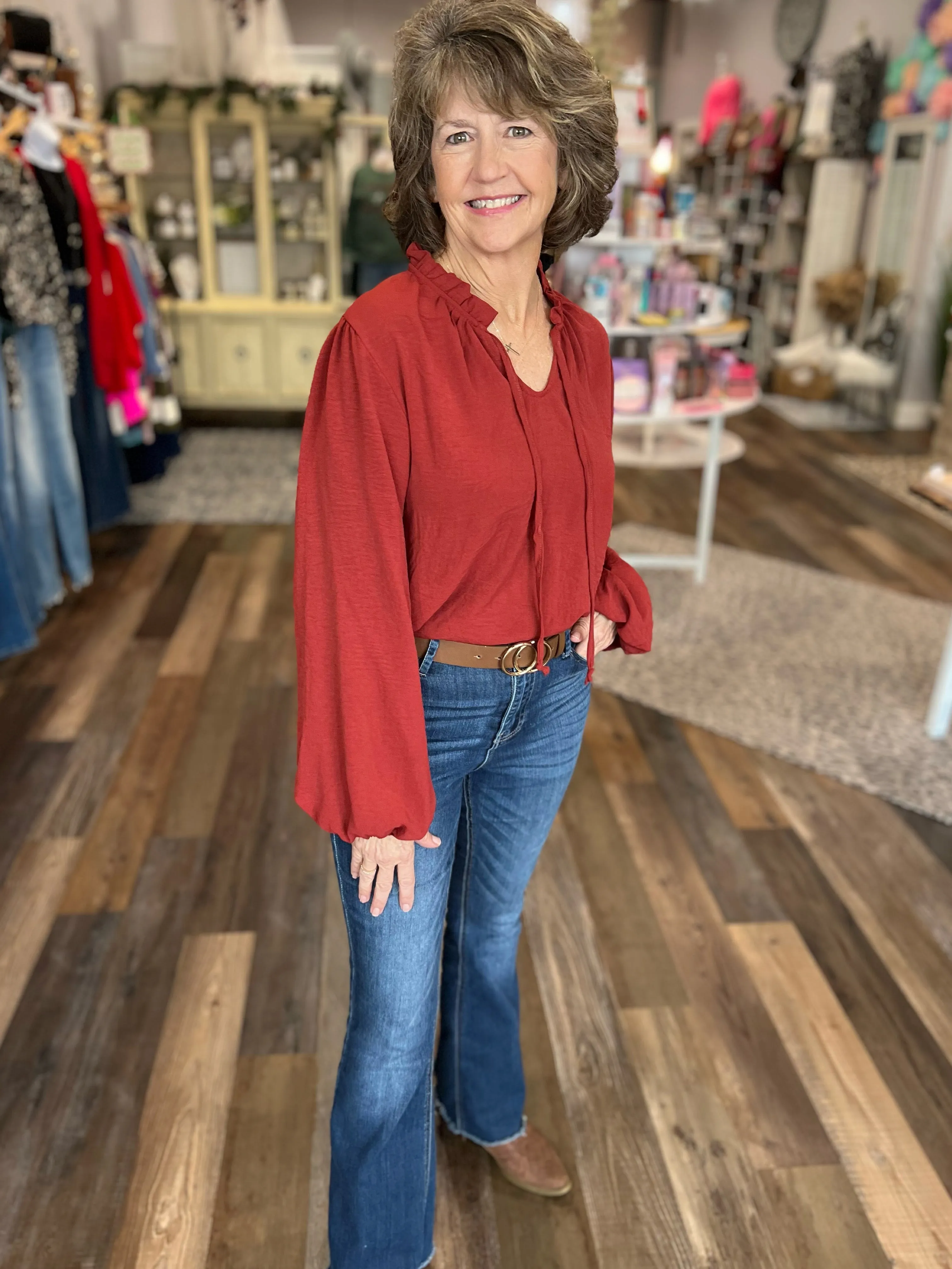 Ruffle Neck Blouse w/ Tie in Brick