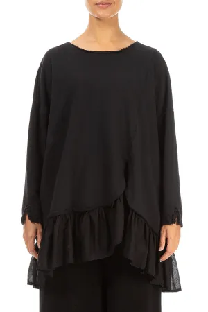 Ruffled Hem Black Cotton Tunic